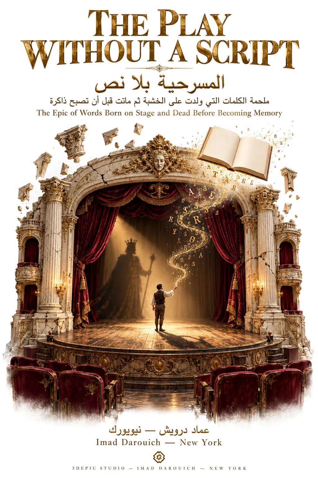 Third cover: a gilded theater with red seats where a small actor faces the giant shadow of a crowned king on stage, an open book flying overhead.