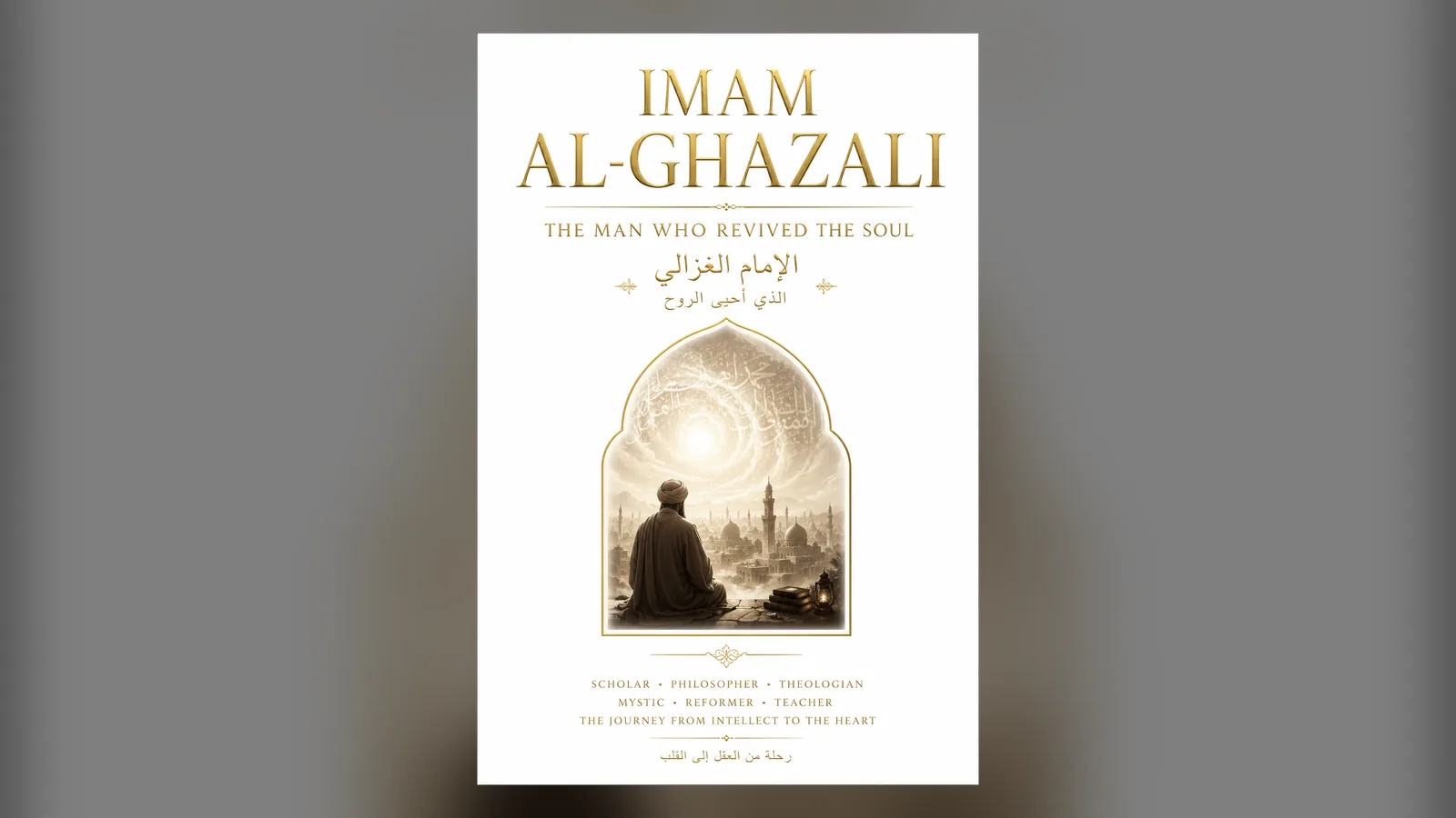 A scholar writing by lamplight in a mosque, an image for this account of the life of Imam Al-Ghazali