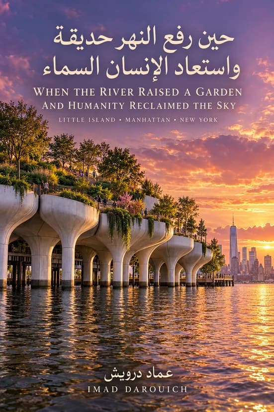 Cover art for the Little Island NYC poem: a planted park raised on white concrete tulip columns above the Hudson at sunset, with the Lower Manhattan skyline behind