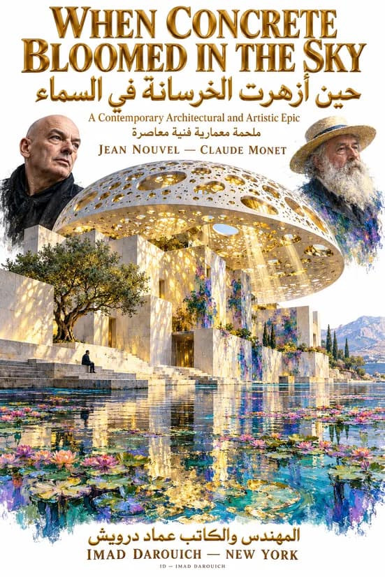 Cover for a poem on the Louvre Abu Dhabi dome: Jean Nouvel and Claude Monet above a perforated dome shedding light on white galleries and a pond of water lilies