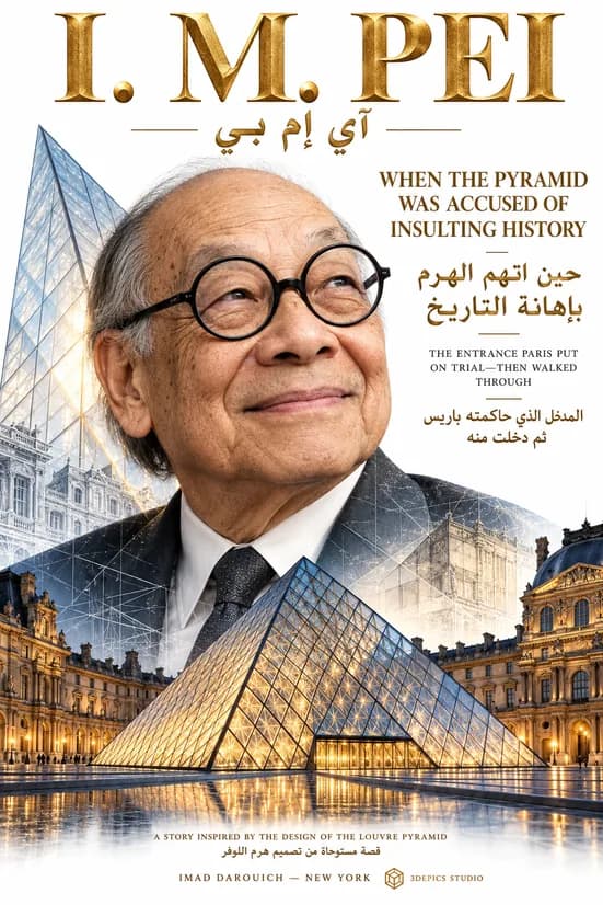 Cover for a story on the Louvre Pyramid controversy: I. M. Pei smiling in round glasses above the glass pyramid lit at dusk in the Louvre's courtyard