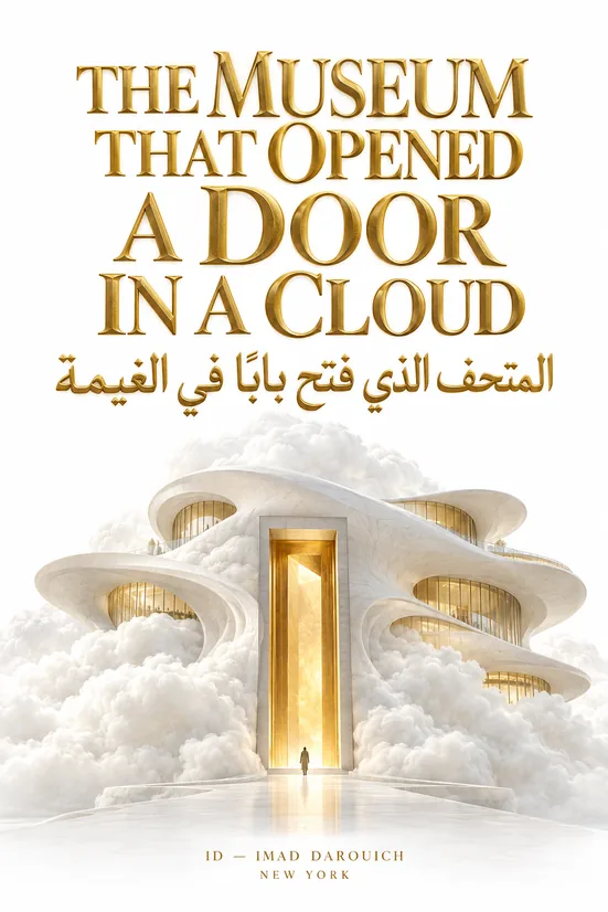 Cover art for the Lucas Museum of Narrative Art fable: a white, curving museum floating among clouds, a tall golden doorway open at its centre and a small figure walking toward it