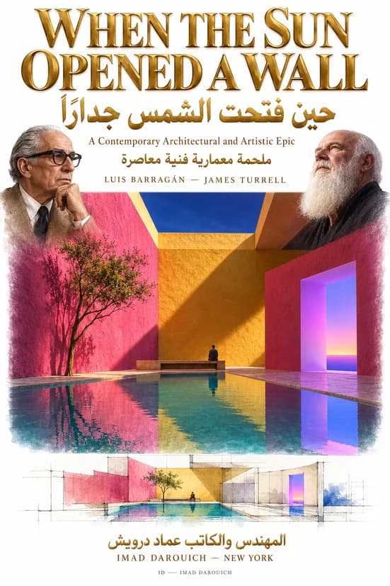 Cover for Luis Barragán and James Turrell: portraits of both men above a courtyard of pink and yellow walls around a still pool, with a glowing opening onto the sky