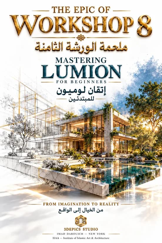 Imad's cover for the Lumion for beginners workshop: a modern villa drawn half in pencil lines and half rendered in stone, glass and garden, above a long pool