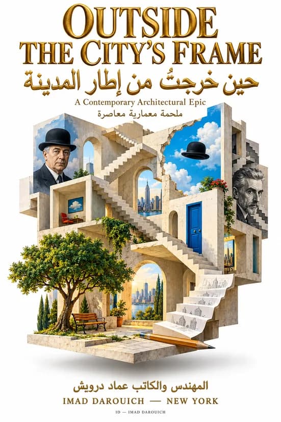 Imad's cover for his piece on Magritte and Escher: a stone house of tangled staircases and arches, with Magritte in a bowler hat, a portrait of Escher, a floating hat, New York towers through the openings and a bench under a tree