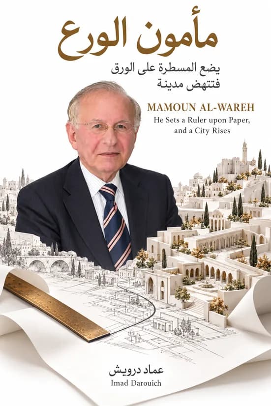 Cover of Imad's Mamoun Al-Wareh tribute: the architect's portrait above a white model city rising from a paper plan beside a brass ruler