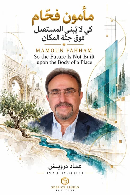 Cover of Imad's Mamoun Fahham tribute: the architect's portrait among an olive tree, an old stone arch, a turquoise river and glass towers in watercolour