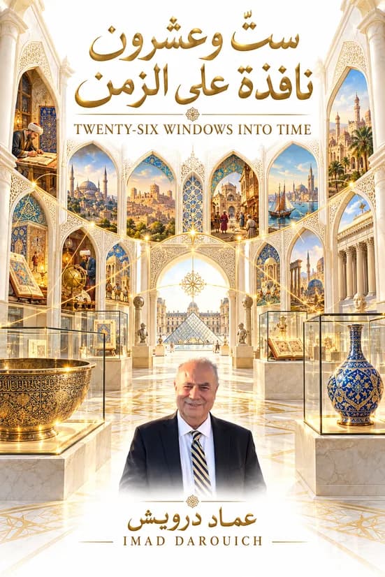 Imad's cover for a poem on the Louvre's masterpieces of Islamic art: his portrait in a white gallery with a brass basin, a blue vase and the Louvre pyramid beyond