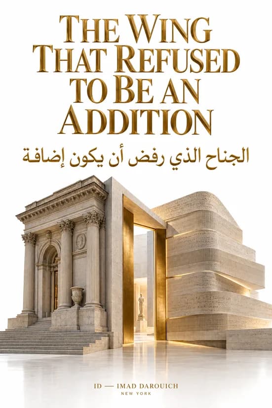 Cover art for the Met Tang Wing fable: a classical museum front with columns joined by a tall, gold-lit doorway to a curved new wing of layered pale stone