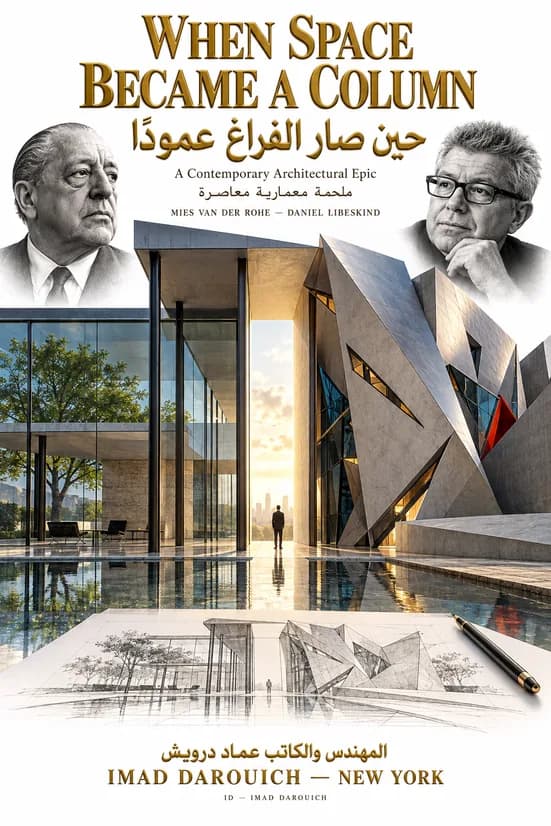 Cover for Mies van der Rohe and Libeskind: portraits of both architects above a glass pavilion on slender steel columns meeting an angular building with slit windows, with a sketch below