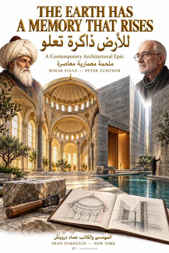 Cover of The Earth Has a Memory That Rises, pairing Mimar Sinan architecture with Peter Zumthor's: their portraits above a domed stone hall, a pool between grey stone walls and an open sketchbook
