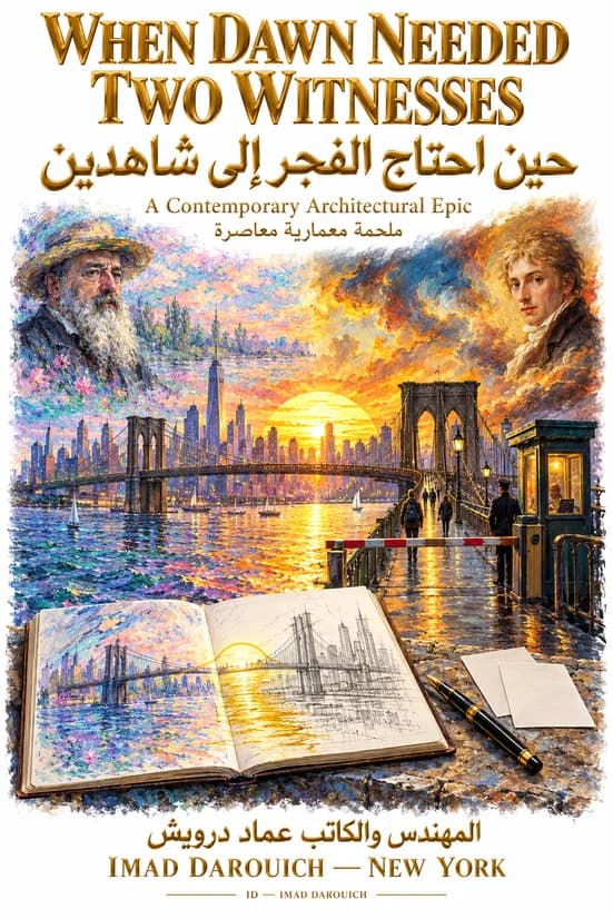 Imad's cover for his piece on Monet and Turner: portraits of the two painters above a sunrise over the Brooklyn Bridge and Manhattan, with a barrier and guard booth on the walkway and an open sketchbook in front