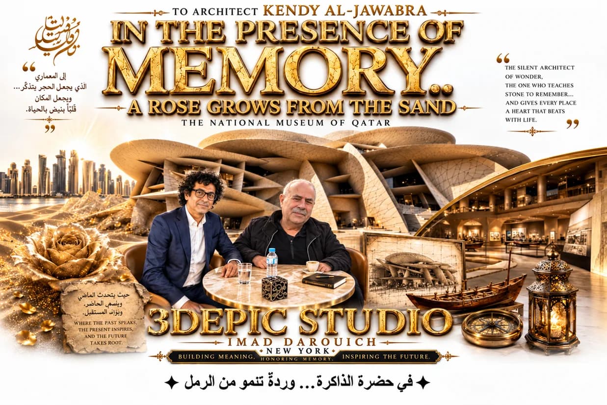 Imad's artwork for his National Museum of Qatar text: two men at a table before the museum's desert-rose discs, with a golden rose, a dhow and a lantern