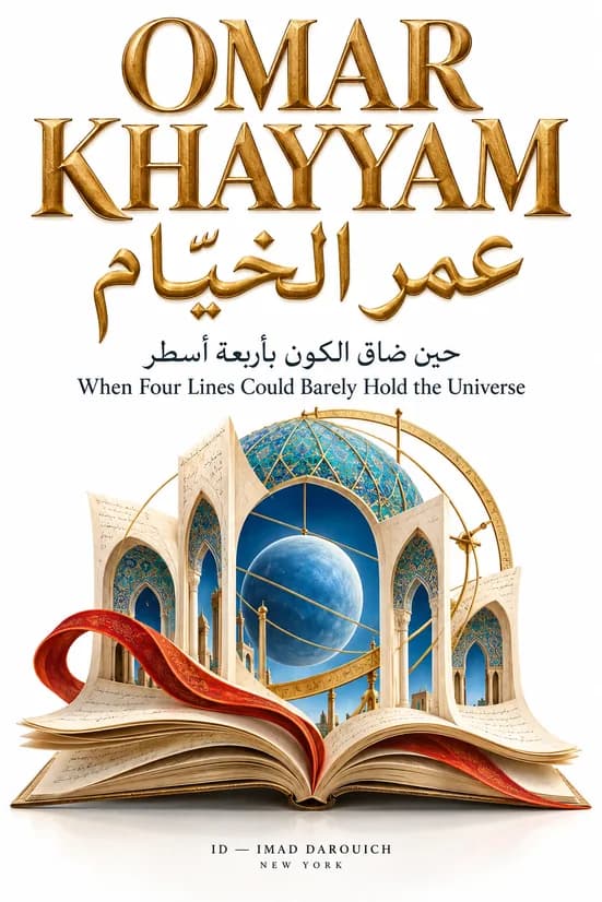 Imad Darouich's cover for an Omar Khayyam poem: an open book whose pages rise into tiled arches around a blue globe and a brass armillary ring
