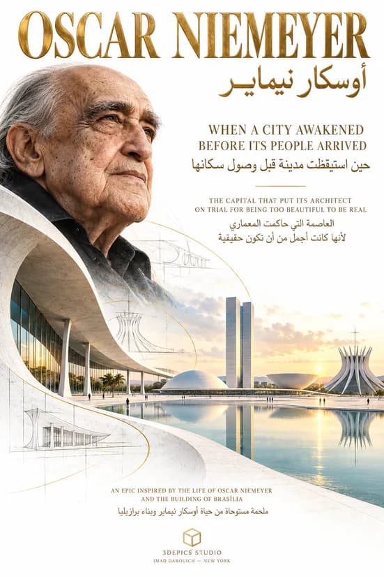 Cover for Oscar Niemeyer and Brasília: the aged architect above a white curving colonnade, with the twin towers and domes of the National Congress and the cathedral reflected in water