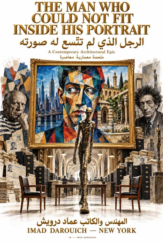 Imad's cover for his piece on Picasso and Giacometti: a cubist portrait of a man, half New York skyline and half arcaded courtyard, hangs in a gold frame above rows of filing cabinets, with a thin bronze walking figure and two empty chairs in front