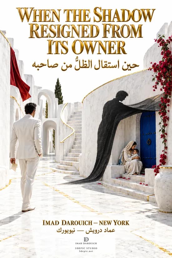 Cover for a poem about a shadow: a man in a white suit walks down a white street while his dark shadow stretches over a mother holding a baby by a blue door.