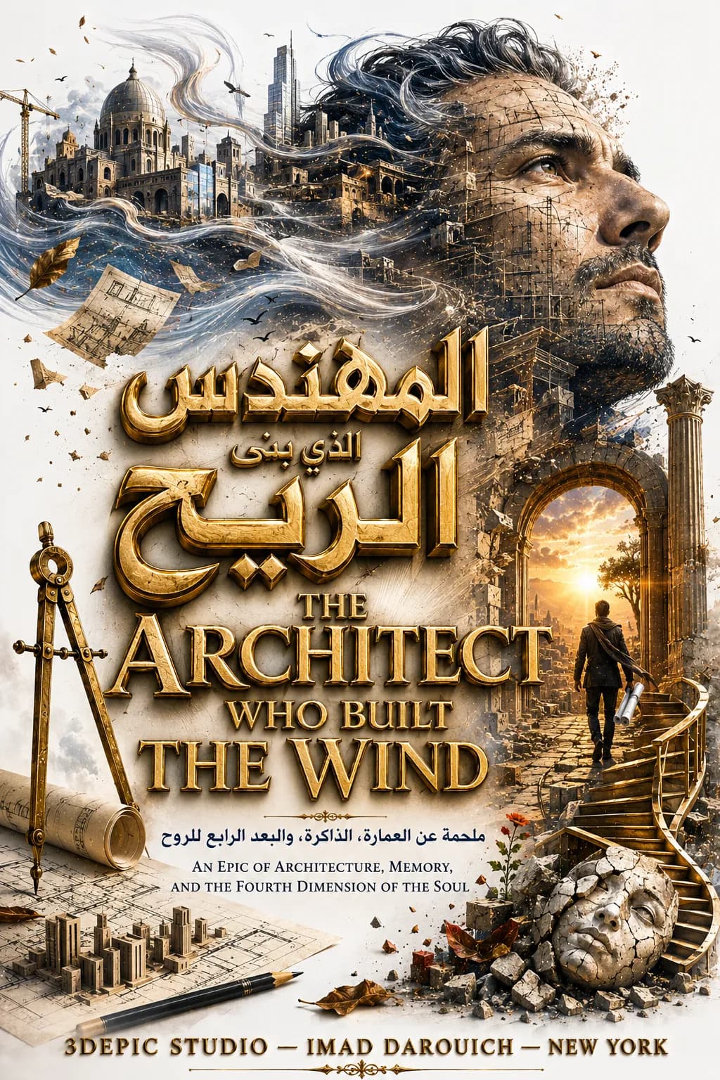 Second cover: an architect's face dissolving into wind, domes and towers, with a compass, plans and a man walking through an arch