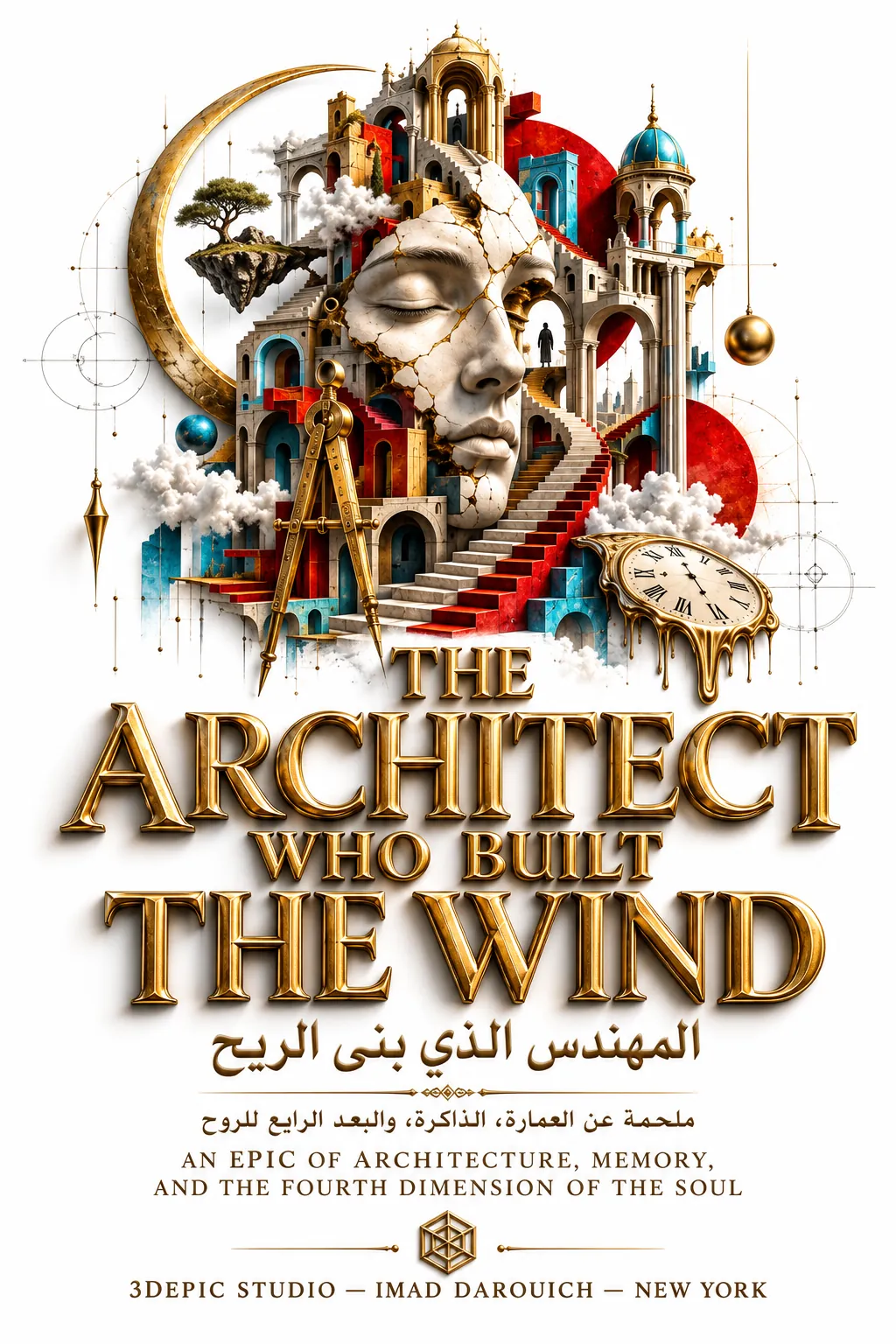 Third cover: a cracked face with a red staircase, domes, a crescent moon and a melting clock above the title The Architect Who Built the Wind