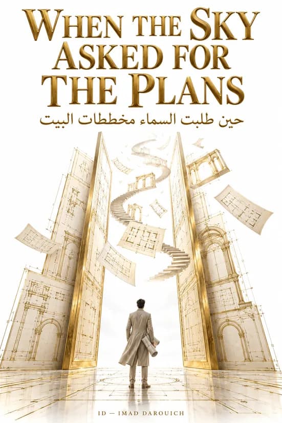Imad's cover for his poem about being remembered: a man with rolled plans walking between two tall gold doors drawn like plans, as sheets fly upward
