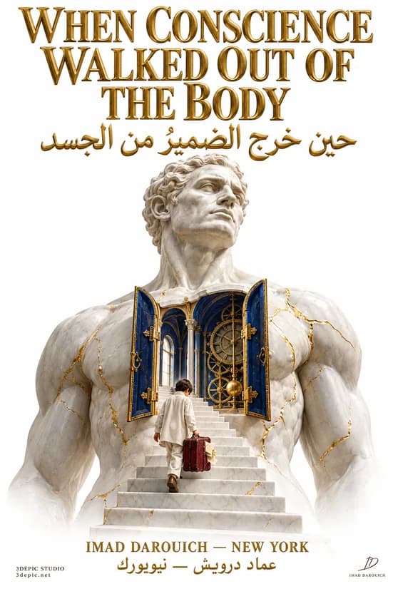 Cover for a poem about conscience: a marble torso with blue doors open in its chest, and a small child in white climbing a stair toward them with a red suitcase.