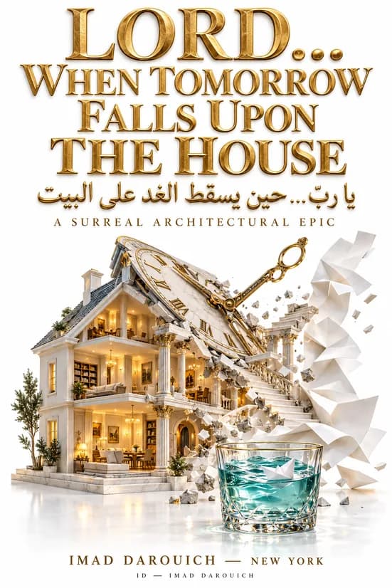 Cover for a poem about fear of losing someone: a lit family house cut open under a giant clock face and golden clock hand, papers flying, a paper boat in a glass of water.