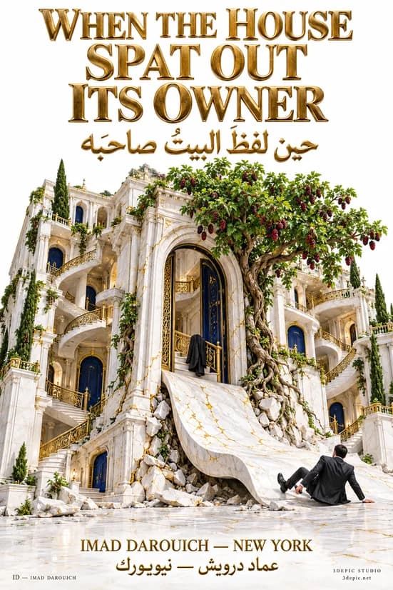 Cover for a poem about greed: a white marble palace with gold railings and a fruiting tree in its doorway tips a man in a dark suit out onto the ground.