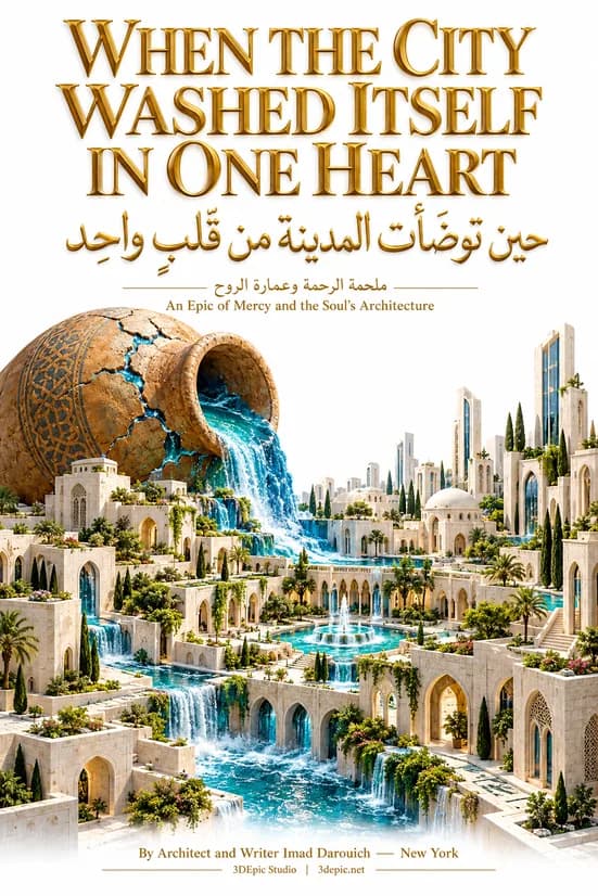 Imad's cover for a poem about mercy: a cracked clay jar pouring water over a white city of arches, fountains and gardens