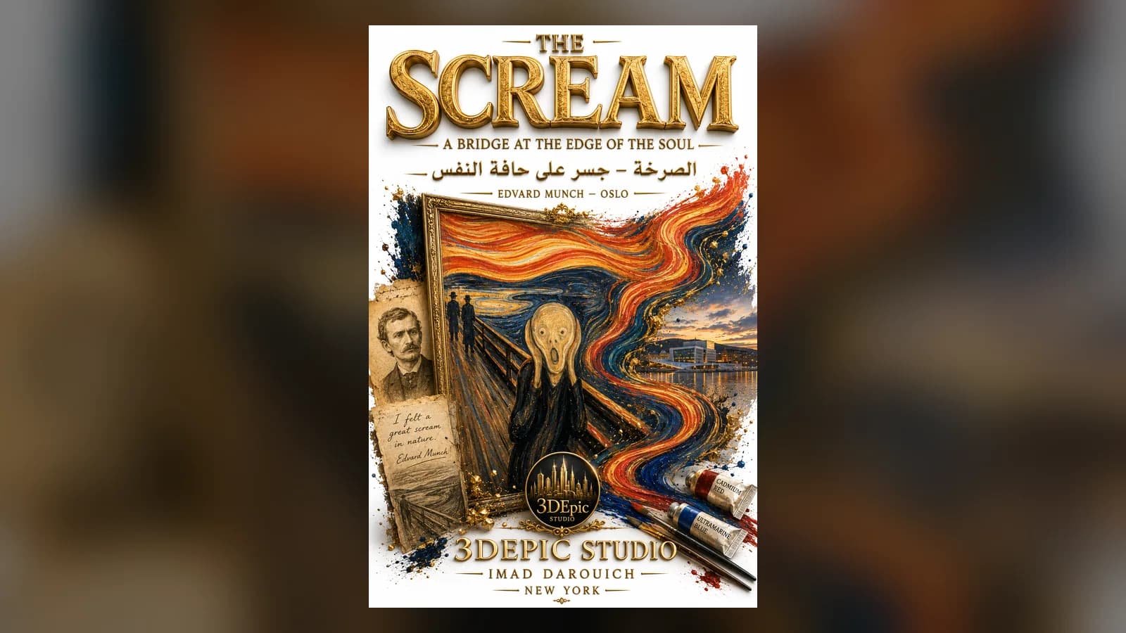 A figure with hands over its ears on a bridge under a fiery sky, the subject of this poem about The Scream by Munch