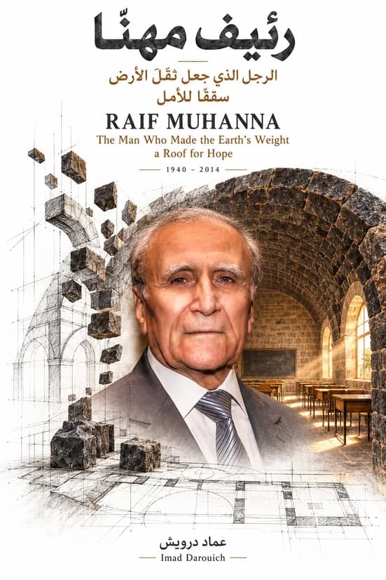 Cover of Imad's Raif Muhanna tribute: the architect's portrait framed by a basalt vault over a classroom of wooden desks, with stone blocks and a pencil plan
