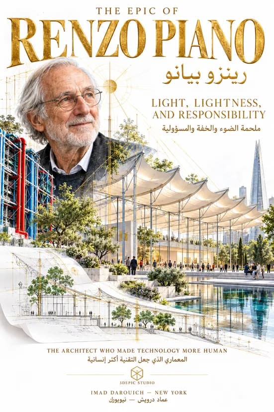 Cover of The Epic of Renzo Piano: the architect's portrait beside white fabric canopies, the colored pipes of the Centre Pompidou and The Shard, for an essay on ten Renzo Piano buildings