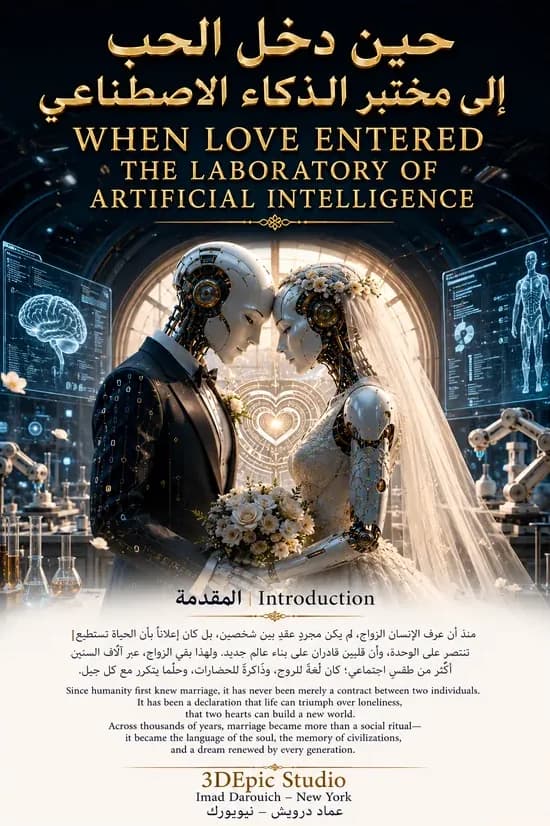 Two robots dressed as bride and groom before a watching crowd, the scene of this robot wedding poem