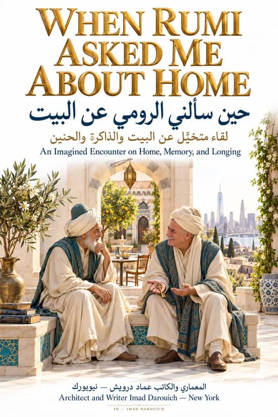 Imad Darouich's cover for a Rumi poem about home: two men in white robes and turbans seated in a courtyard, one holding an old key, with the New York skyline beyond
