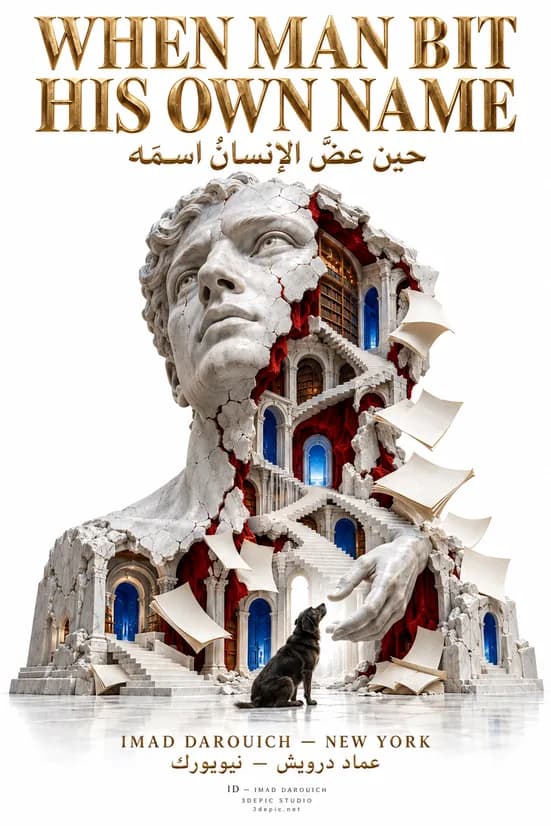 Cover for the poem on Schopenhauer and his dog: a cracked marble head opens onto stairs, arches and blue windows, with a black dog sitting at its base among loose pages.
