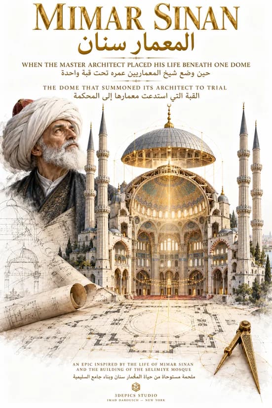 Cover of Mimar Sinan: The Dome That Summoned Its Architect to Trial, a portrait of Sinan in a white turban beside the Selimiye Mosque, its four minarets and a lifted dome over a drawn floor plan