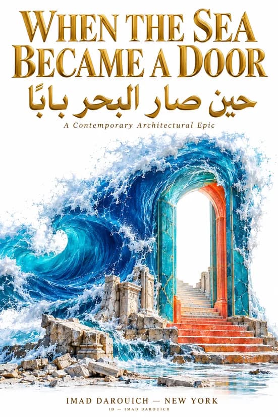 Imad's cover for a poem on sins like the foam of the sea: a blue wave curling into an arched doorway with red steps rising from old stone