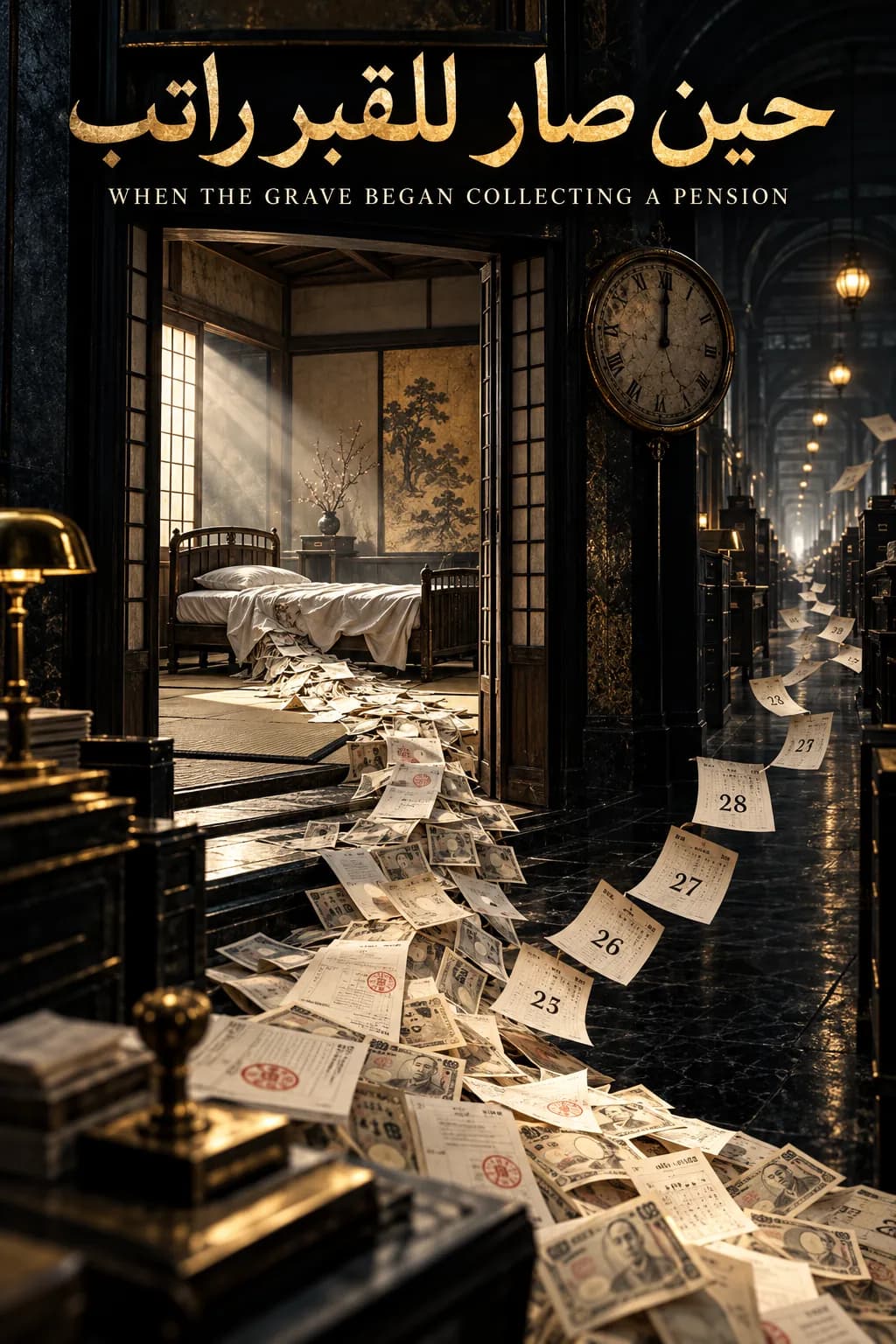 Dark version of the cover: a Japanese room with a bed and a wall clock, and a trail of banknotes and dated slips across a polished floor