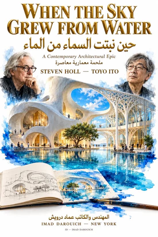 Cover for Steven Holl and Toyo Ito: portraits of both architects above flowing white vaults and a lattice of branching columns over water, with a watercolor sketchbook