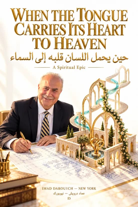 Imad's cover for a poem on subhanallah wa bihamdihi 100 times: a man in a suit drawing plans beside a model of white arches, stairs and a garden