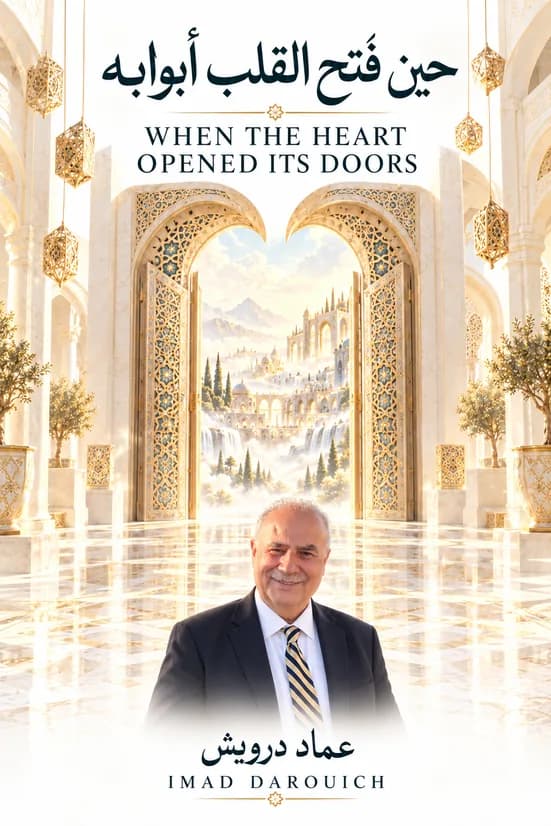 Imad's cover for a poem set at the Sufi museum Chatou: his portrait in a white marble hall with lanterns, before carved doors open onto a landscape of towers and waterfalls