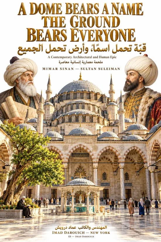 Cover of A Dome Bears a Name, the Ground Bears Everyone: Mimar Sinan and Sultan Suleiman on either side of an illustrated Süleymaniye Mosque, its domes and minarets above a courtyard fountain and passers-by