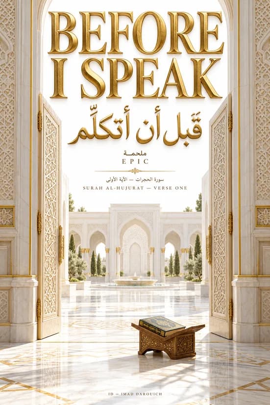 Imad's cover for a poem on Surah Al-Hujurat verse 1: carved doors open onto a white marble courtyard with a fountain, and a Qur'an rests on a wooden stand