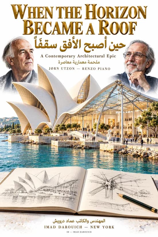 Cover of the Sydney Opera House poem When the Horizon Became a Roof: portraits of Jørn Utzon and Renzo Piano above the white shells of the opera house joined to a glass and steel gallery roof by the sea