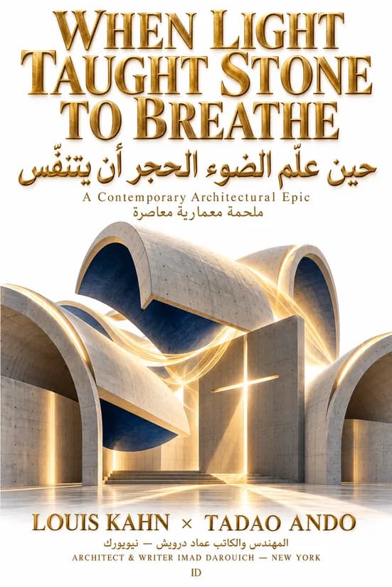 Cover of When Light Taught Stone to Breathe, a poem on Tadao Ando and Louis Kahn: curved concrete vaults and a wall cut with a cross of light, wrapped in ribbons of golden light