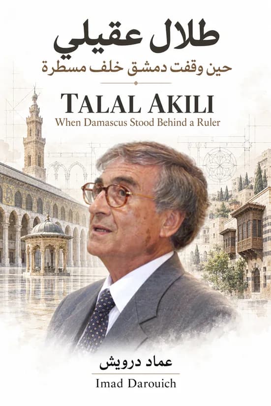 Cover of Imad's Talal Akili tribute: the architect in profile before the Umayyad Mosque courtyard and old Damascus houses with wooden bay windows