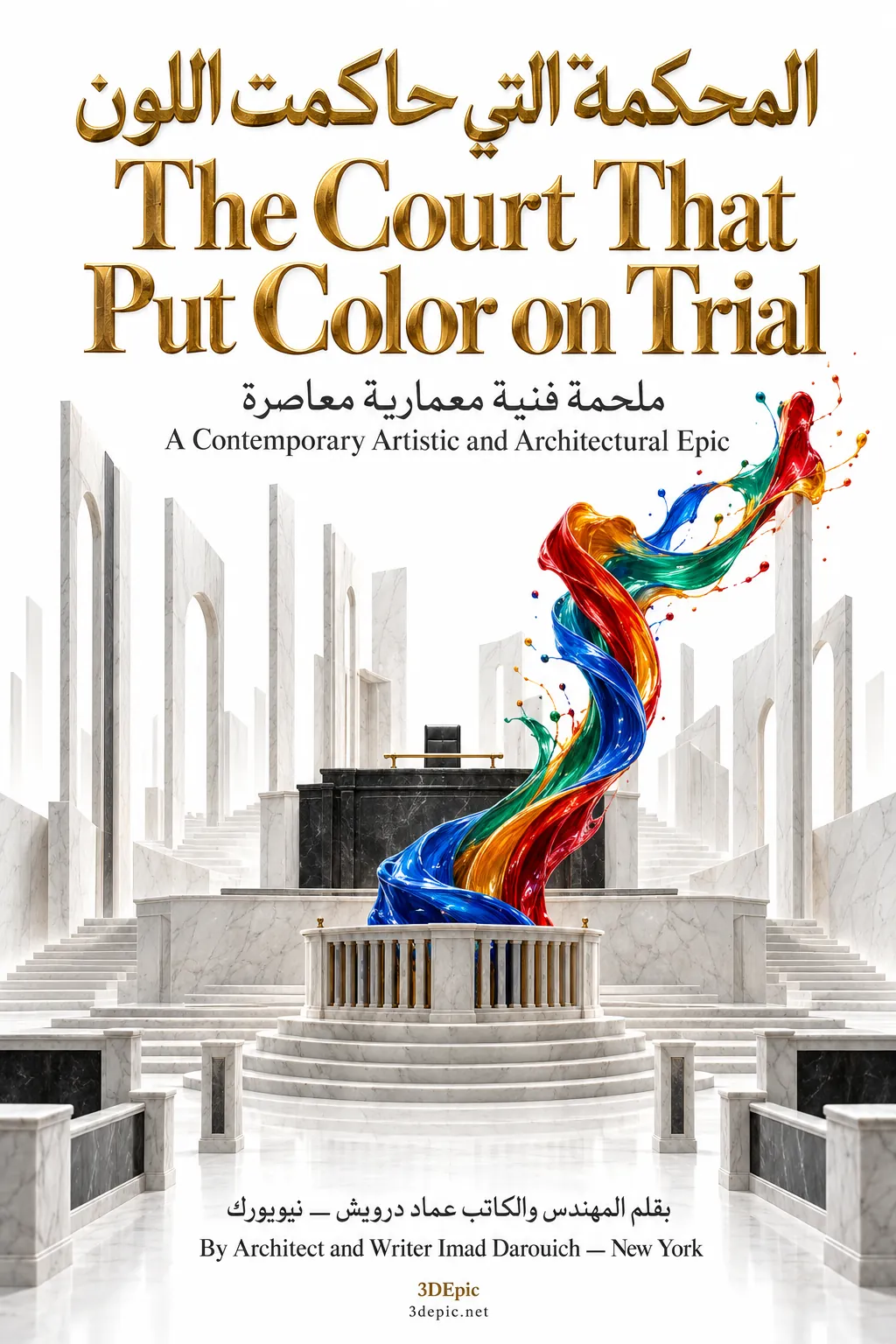 A second cover for the piece: an empty white marble courtroom with a dark judge's bench, and a ribbon of red, blue, yellow and green paint rising from the dock
