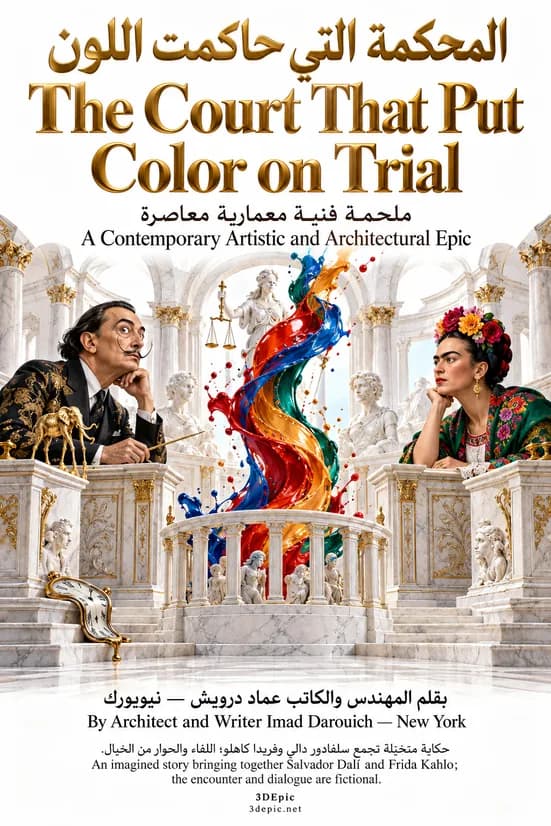 Imad's cover for his piece on The Broken Column painting: Dalí and Frida Kahlo lean on white marble balconies in a courtroom around a twisting ribbon of red, blue, yellow and green paint, with a melting clock on the steps