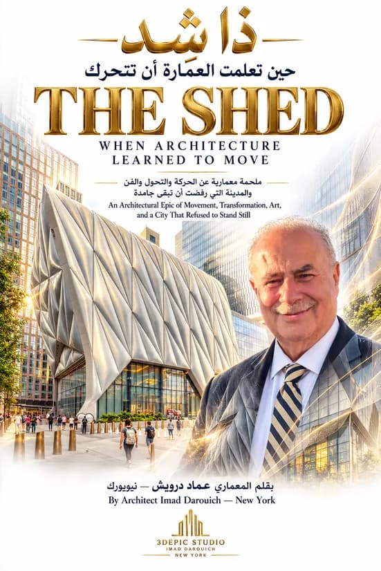 Cover art for The Shed Hudson Yards epic: the quilted, translucent shell of The Shed among Manhattan towers, with a portrait of a smiling man in a suit and tie in front