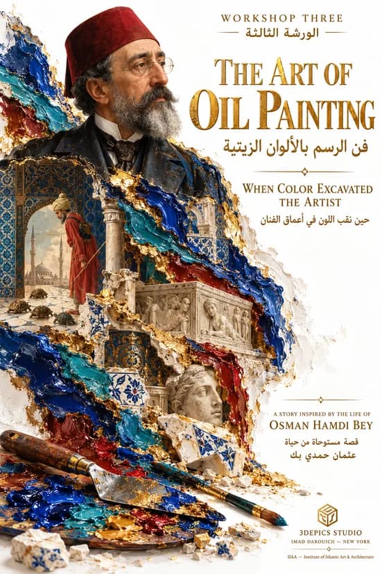 Imad Darouich's cover for a story on The Tortoise Trainer painter Osman Hamdi Bey: his portrait in a red fez above layers of oil paint, a man with tortoises under a tiled arch and a carved sarcophagus