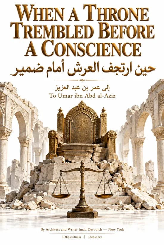 Imad's cover for a letter to Umar ibn Abdul Aziz: an ornate empty throne on cracked marble steps, with a set of scales in front and ruined arches behind